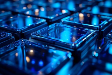 Close up of blue server racks with network cables in modern data center