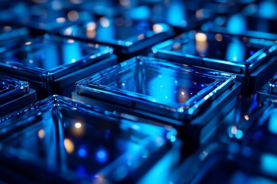 Close up of blue server racks with network cables in modern data center