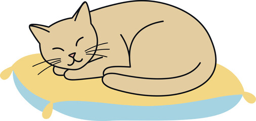 A sleeping cat curled up peacefully on a soft pillow in a minimal flat vector illustration