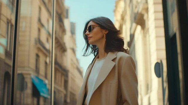 Stylish woman walks confidently through sunlit parisian streets in chic outfit