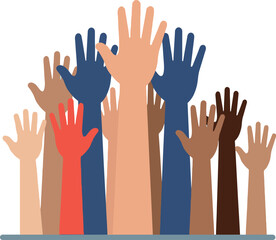 Obraz premium Diverse raised hands showcasing unity and support in a flat vector illustration