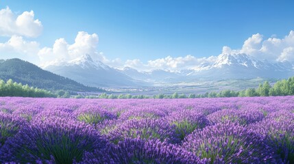 Fototapeta premium A vast lavender field stretches out beneath snow-capped mountains.