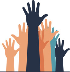 Obraz premium Diverse hands raised in unity and support, flat design vector art