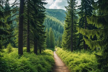 Fototapeta premium Scenic Spruce Forest Trail with Lush Green Trees Perfect for Outdoor Adventures