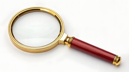 A close up shot of a magnifying glass with a gold rim and a red handle on a white background isolated on white background

