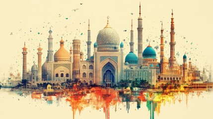 Obraz premium Mosques and minarets compose a colorful architectural cityscape illustration