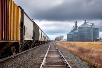 Fototapeta premium A freight train loaded with grain containers moves along the tracks next to a quarry developing a landfill to prevent soil contamination with polyethylene film Generative AI