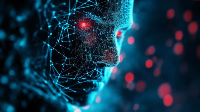 Artificial intelligence abstract face with digital mesh and red eyes
