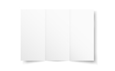 Tri fold mockup. Folded booklet or map on white background. Realistic brochure template. Open catalog or leaflet blank with soft shadow. Vector illustration.