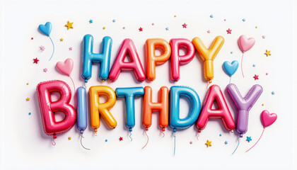 Festive balloon-letter 'Happy Birthday' with confetti and bright colors. Ideal for parties, greeting cards, and celebration designs. Happy Birthday!