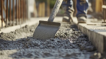 Builder laying concrete at a construction site. Featuring precision and strength