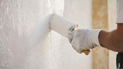 Painter rolling a fresh coat of white paint on a house wall. Featuring precision and coverage