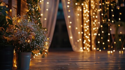 Fototapeta premium A cozy wedding setup with fairy lights and wildflowers