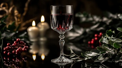 A crystal glass filled with vintage red wine and candlelight reflections