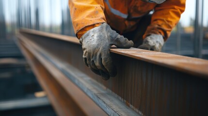 A construction worker placing a steel beam into position. Featuring teamwork and precision