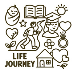 Life journey illustration featuring person walking, symbols of education, love, and growth, representing various stages and experiences in life