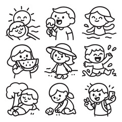 Fun summer activities are depicted this playful illustration, showcasing children enjoying ice cream, swimming, and playing outdoors. Their joyful expressions capture essence of carefree childhood