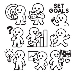 Set goals with these playful illustrations depicting various stages of goal setting and achievement. characters express curiosity, determination, and success, making process engaging and relatable