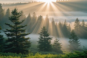 Serene Pine Tree Canopy Illuminated by Sunlight in a Misty Natural Landscape