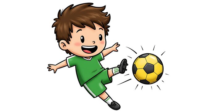 A cartoon boy in a soccer uniform, kicking a soccer ball with great enthusiasm, showing excitement, on a white background
