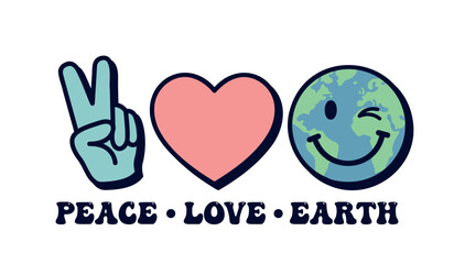 Peace Love Earth Saying, groovy phrase for Environment Day t shirt, hand gesture, heart and planet Earth smiling face, vector illustration