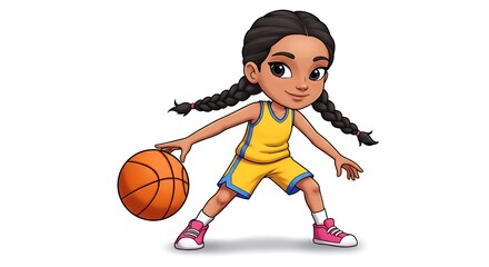 Obraz premium A cartoon girl in a basketball jersey, dribbling a ball while looking determined, with a playful smile, on a white background