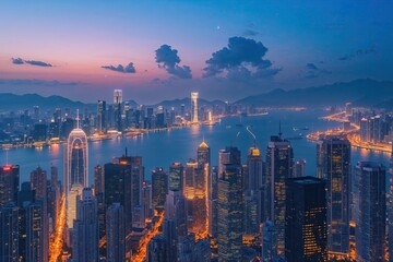 Naklejka premium Stunning Urban Skyline View Sparkling at Dusk
