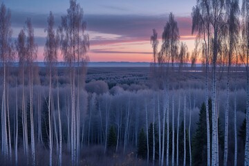 Obraz premium Discover the Tranquil Silver Birch Forest Skyline at Dusk from a Scenic Overlook