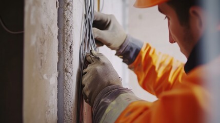 A construction worker placing electrical wires inside a wall cavity. Featuring precision and focus
