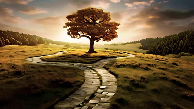 ぽつんと立った1本の木へと続く道の風景