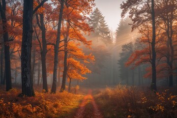Obraz premium Stunning Autumn Forest at Sunrise with Mist and Colorful Fall Foliage