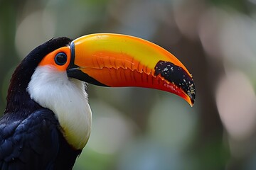 Fototapeta premium Toucan an oversized vibrant orange beak black feathers detailed perched with striking contrast on a clean white background