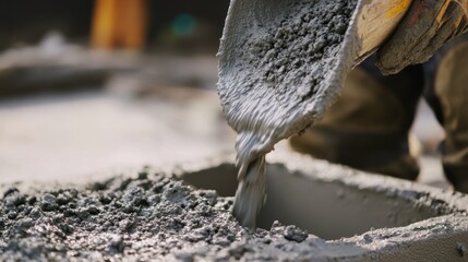 Obraz premium A construction worker pouring cement into a foundation mold. Featuring skill and attention to detail