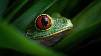 Wildlife Closeup of Red-Eyed Tree Frog, Vibrant Amphibian in Rainforest, Tropical Jungle Habitat, Nature Macro Photography, Evening Light Mood