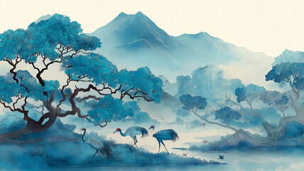 日本らしい静謐な自然美を表現した水彩画、霧に包まれた山々と色づく紅葉の木々、優美な和風背景イラスト