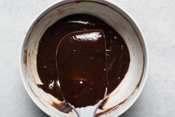 Overhead view of Dark chocolate ganache, chocolate ganache for covering and decorating cakes