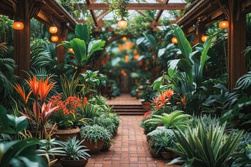 Fototapeta premium Exquisite Botanical Garden Featuring Exotic Flora and Dreamy Blurred Background