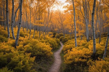 Magical Hiking Path Amidst Lush Alder Forest Bathed in Golden Light