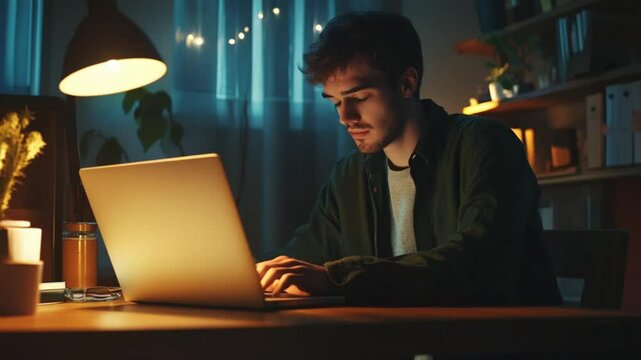 Dedicated Young Professional Working Late on Laptop in Cozy Home Office Setting