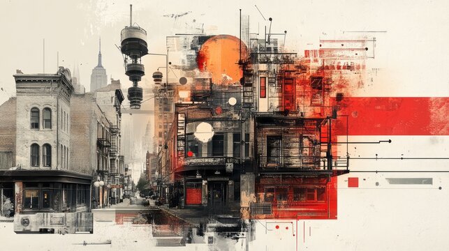 An abstract cityscape incorporates architectural elements and graphic design techniques