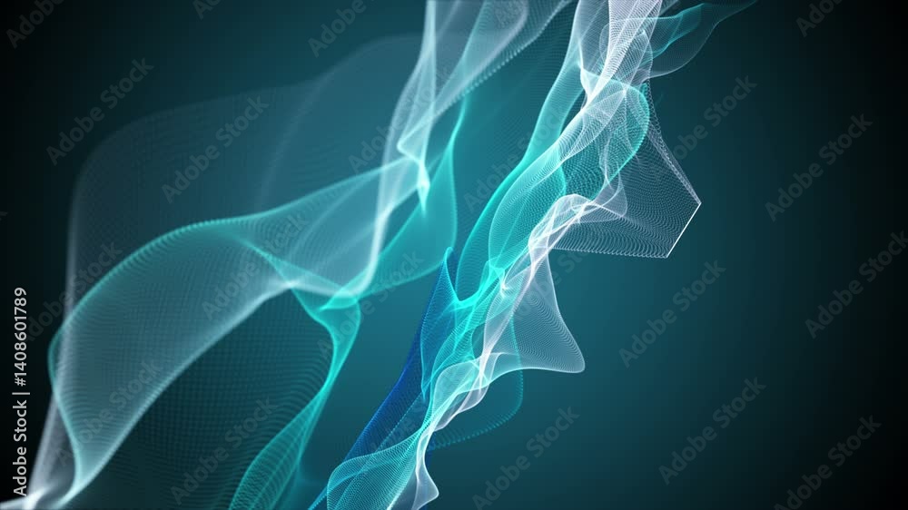 Poster futuristic video animation with particle wave object in slow motion, 4096x2304 loop 4k