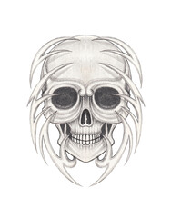 Skull tattoo surreal art design by hand drawing on paper.