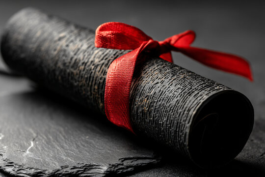 elegant rolled diploma with red silk ribbon on textured black marble background representing academic achievement