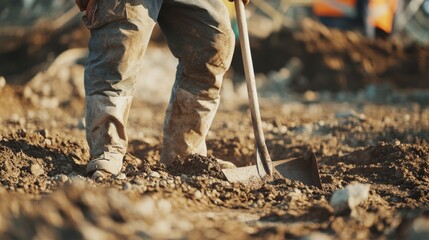 A construction worker preparing the ground for foundation work. Featuring preparation and groundwork