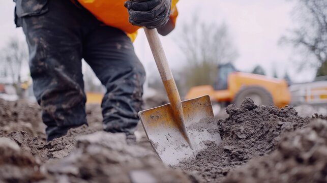 A construction worker preparing the ground for foundation work. Featuring preparation and groundwork