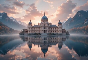 Obraz premium Grand Palace Lake Reflection: Serene Sunrise Vista