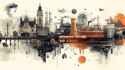 Fototapeta premium Ornate surreal city scene with industrial elements and reflection