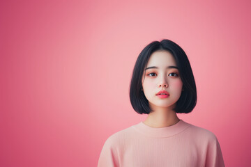 young Japanese woman with short hair poses against pink background, exuding calmness and confidence.