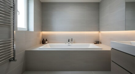 Modern bathroom with grey tiles, and bathtub.