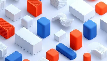 Fototapeta premium Colorful geometric shapes in vibrant blue, orange, and white create a modern abstract design.